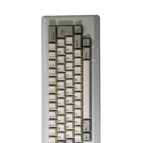 Mechanical keyboard with white frame and beige keys on a white background