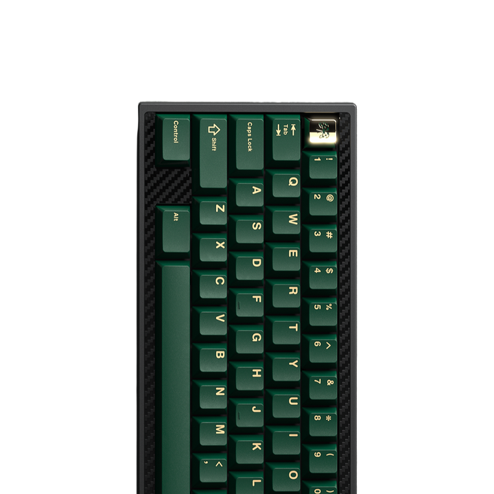 A set of GMK British Racing Green keycaps installed on a mechanical keyboard, showcasing various keys with green color and white lettering.