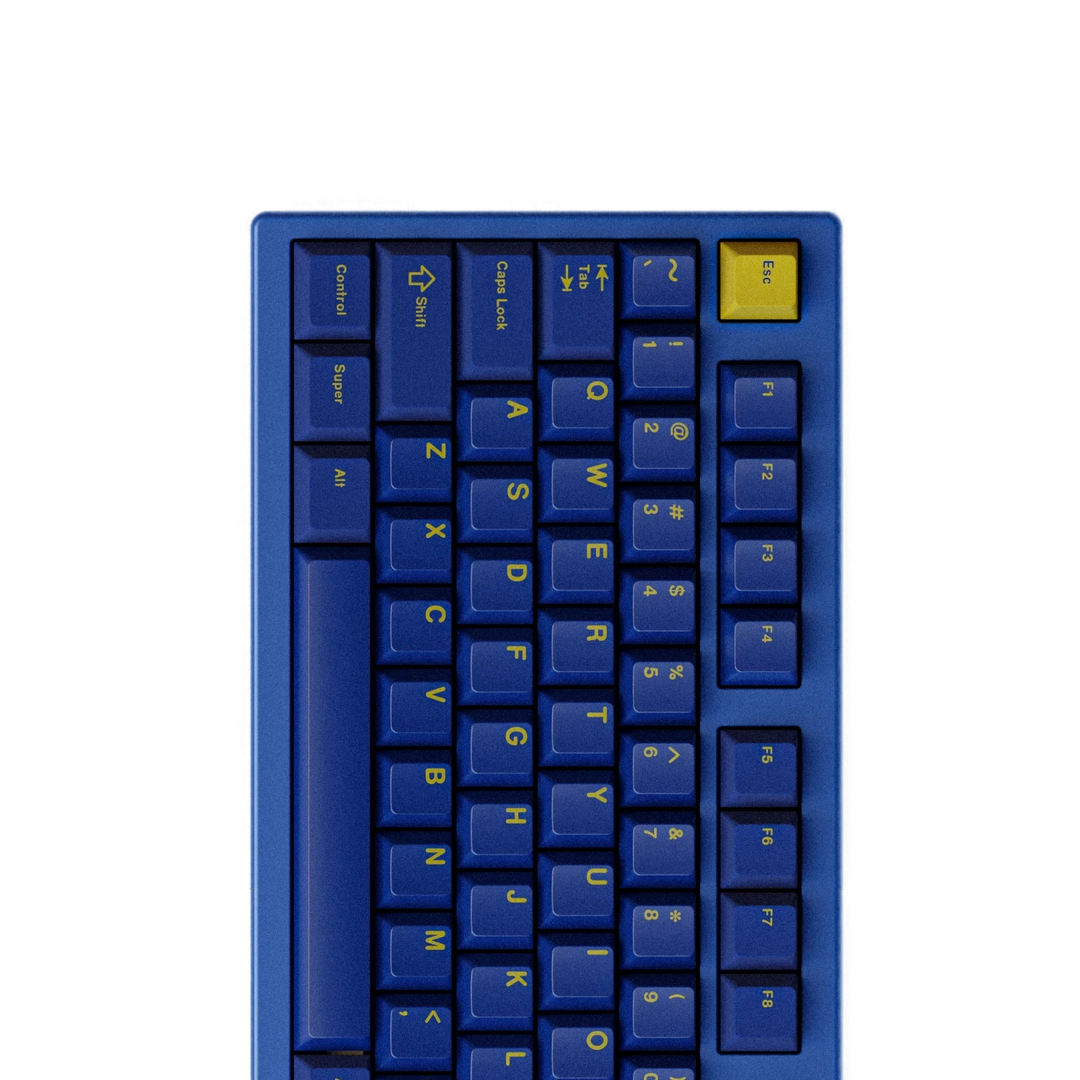A blue and yellow mechanical keyboard with a minimalist design and dual mounting system.