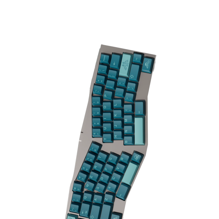 Split mechanical keyboard with blue keys on a white background
