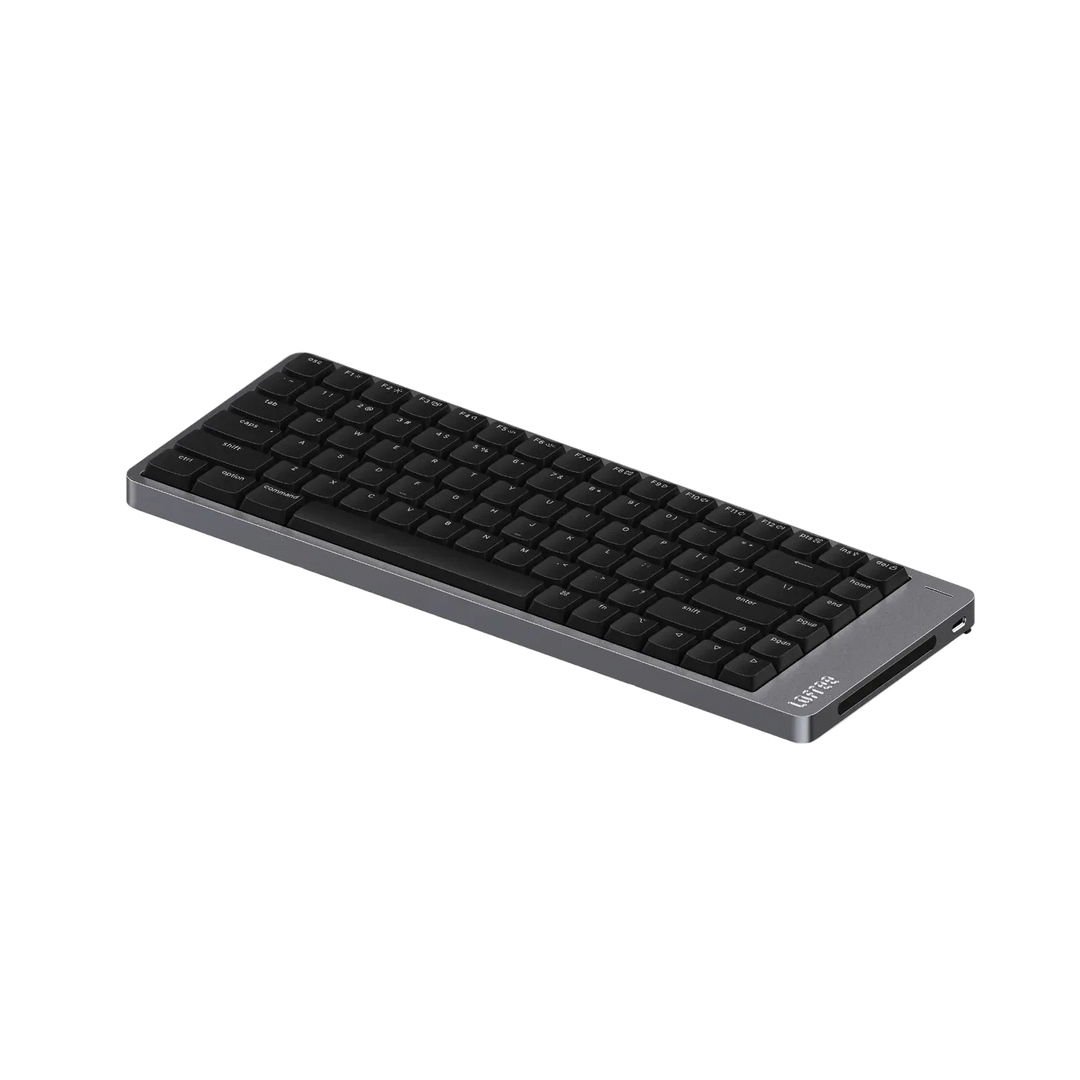 Black keyboard with a metallic finish on a white background