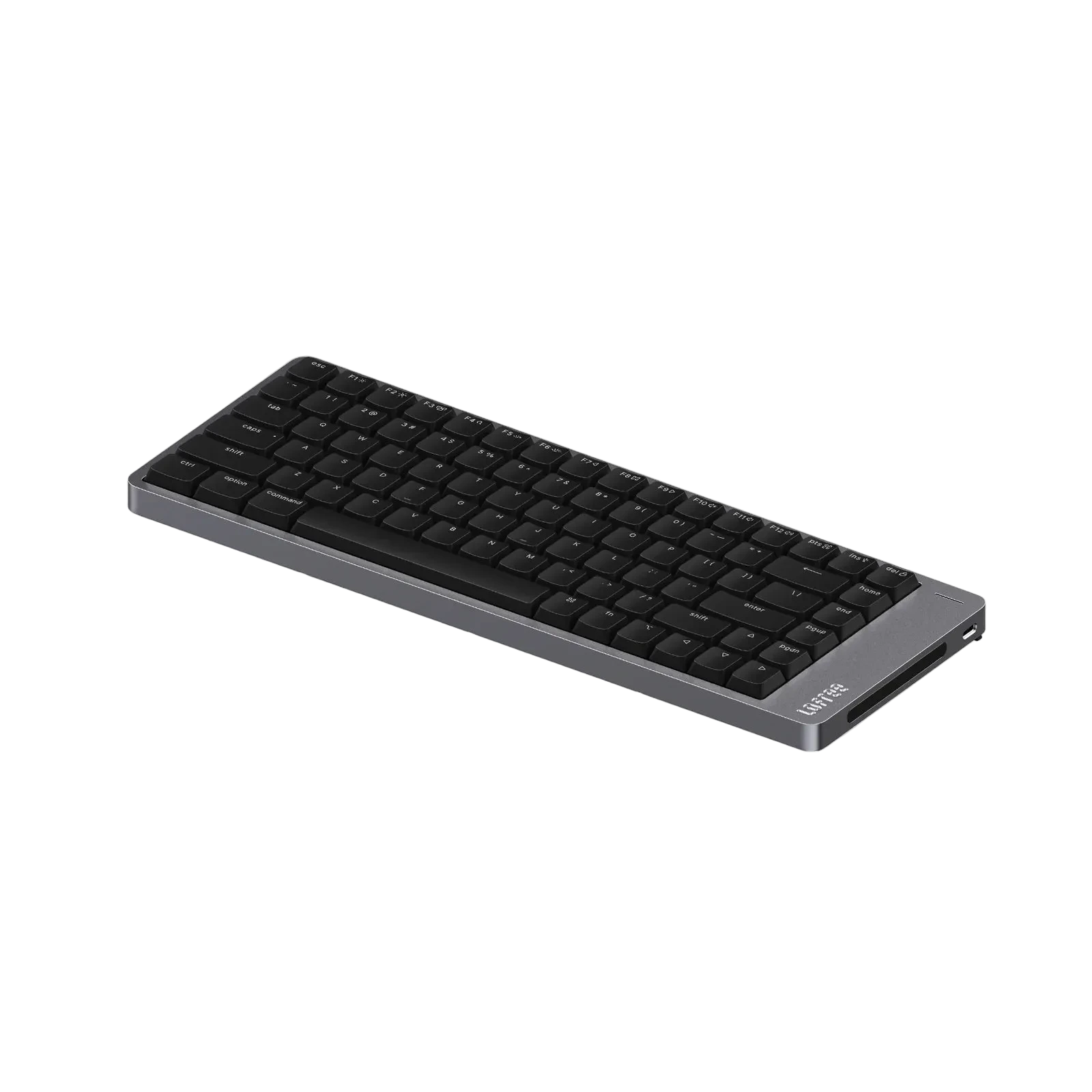 Black keyboard with a metallic finish on a white background