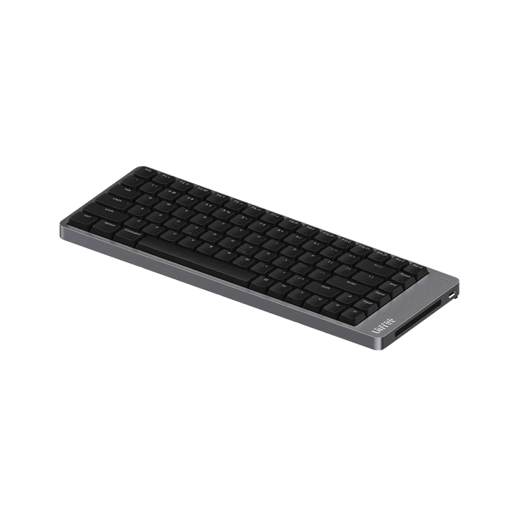 Black keyboard with a metallic finish on a white background