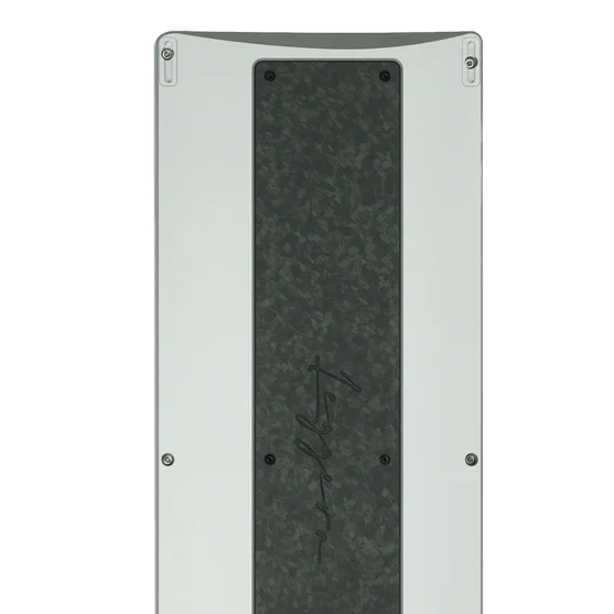 Keyboard device with a metallic frame and black panel on a white background