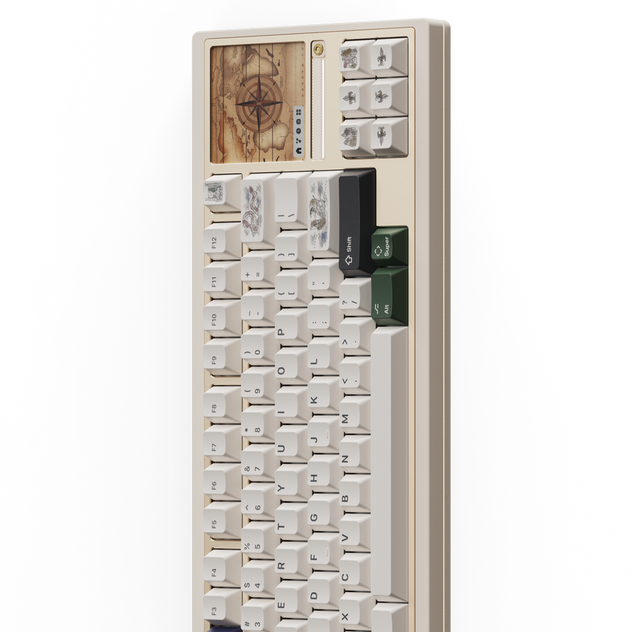 Mechanical keyboard with unique keycaps on a white background