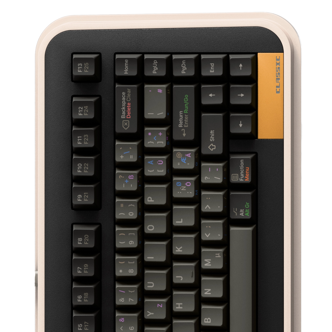 Mechanical keyboard with black keys on a white background