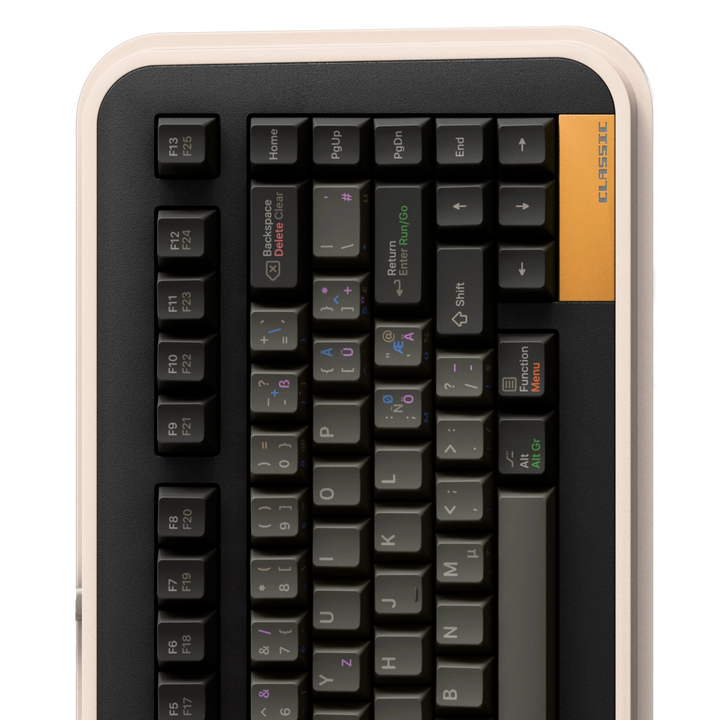 Mechanical keyboard with black keys on a white background