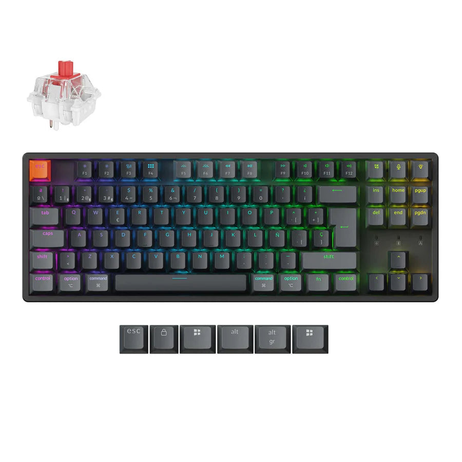 Mechanical keyboard with RGB backlighting on a white background