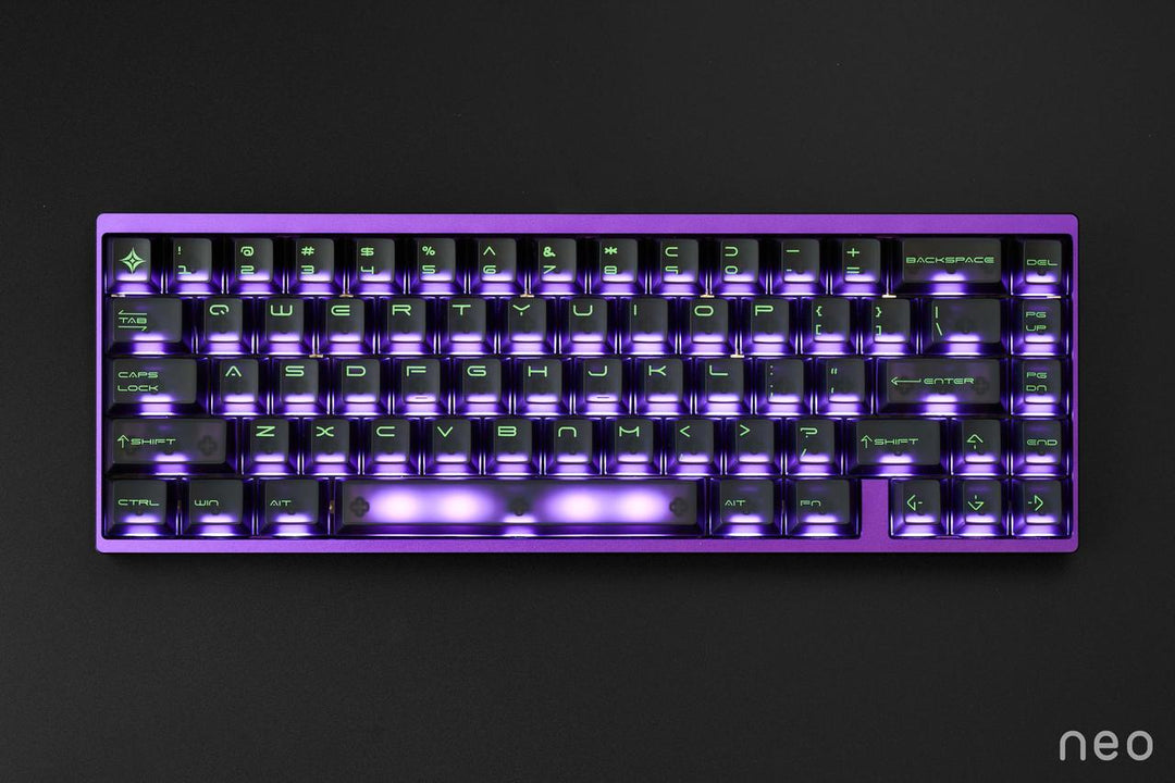 Mechanical keyboard with purple backlighting on a black background