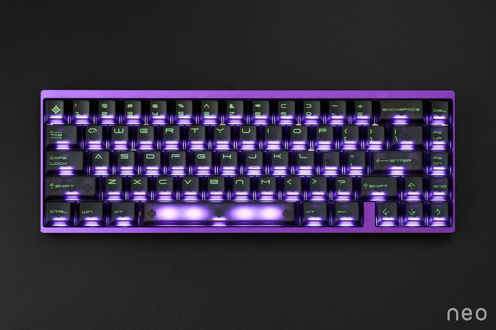 Mechanical keyboard with purple backlighting on a black background