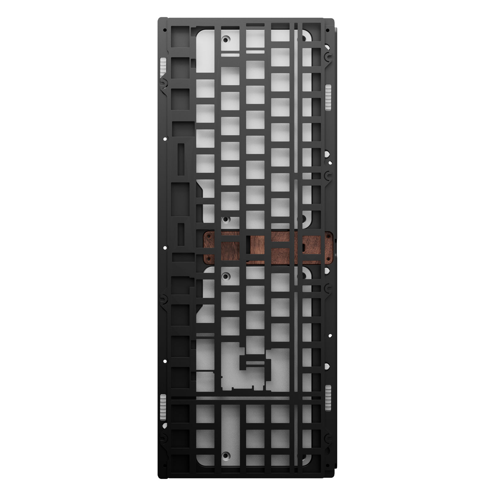 Black keyboard frame without keycaps on a white background