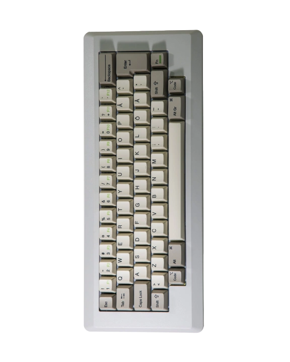 Mechanical keyboard with white frame and beige keys on a white background