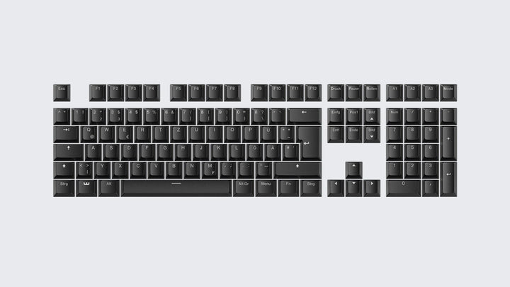 Set of black keyboard keys on a light gray  German background