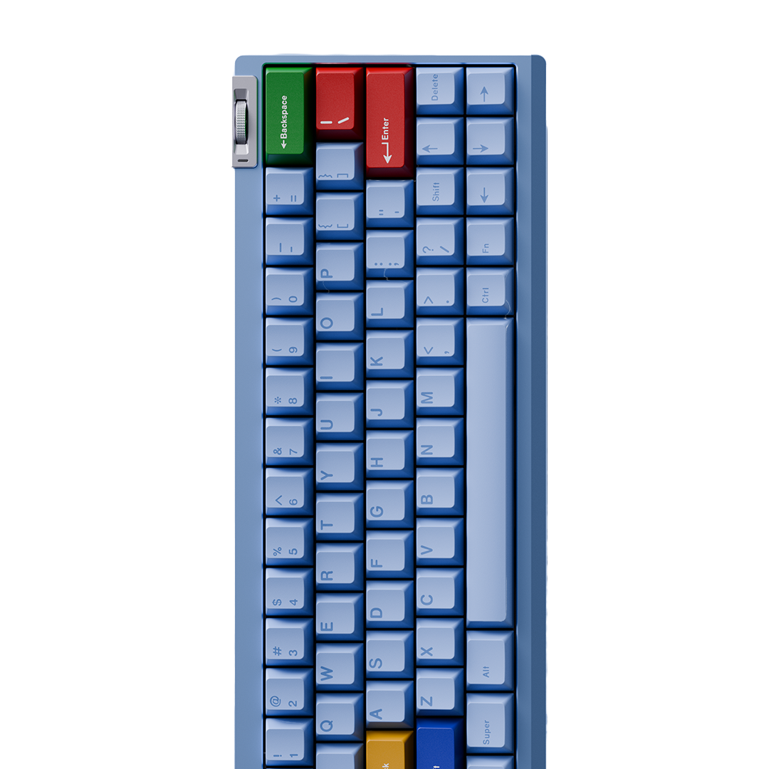 Blue mechanical keyboard with colorful keycaps on a white background