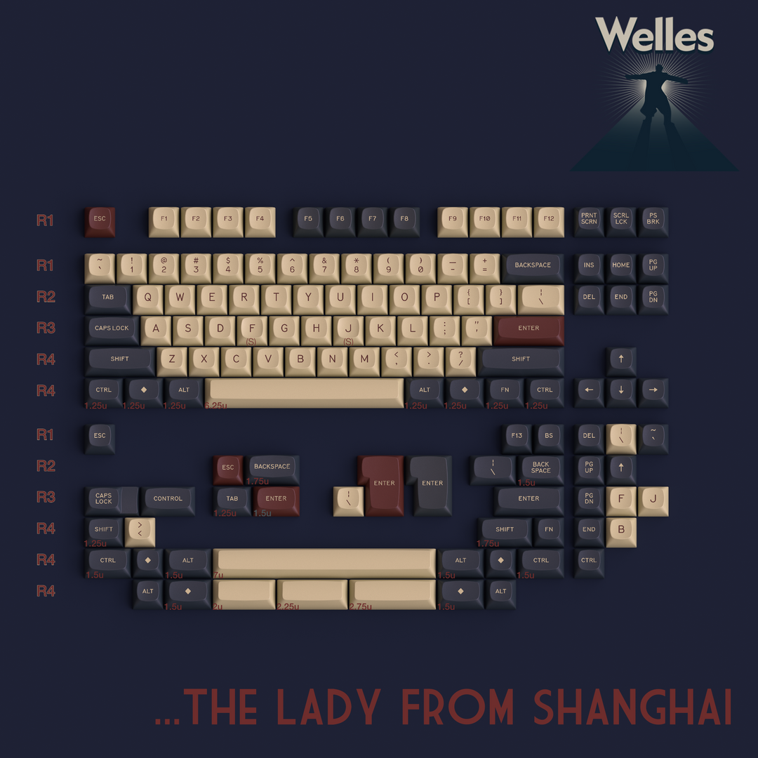 Keyboard layout with character design on a dark background, featuring the brand 'Welles'.
