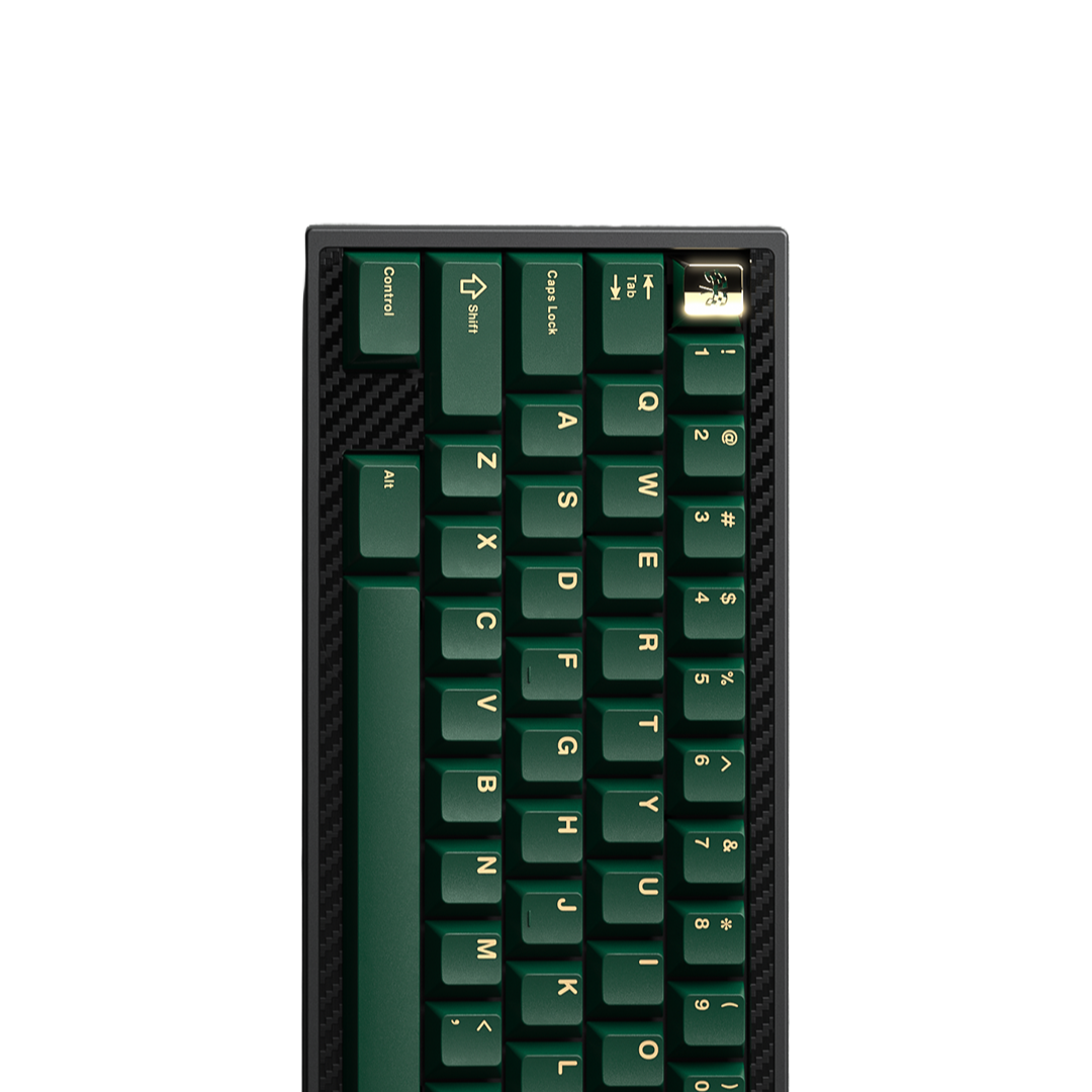 A set of GMK British Racing Green keycaps installed on a mechanical keyboard, showcasing various keys with green color and white lettering.