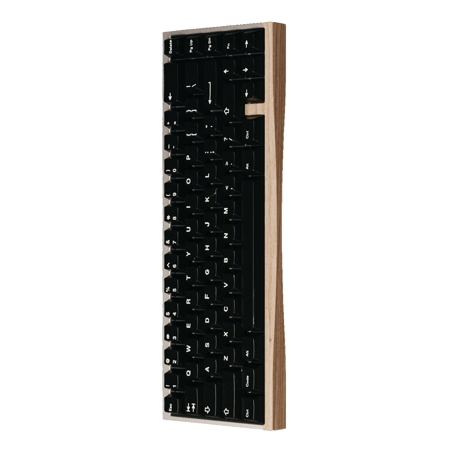 Vertical keyboard with a black front panel and wooden frame on a white background