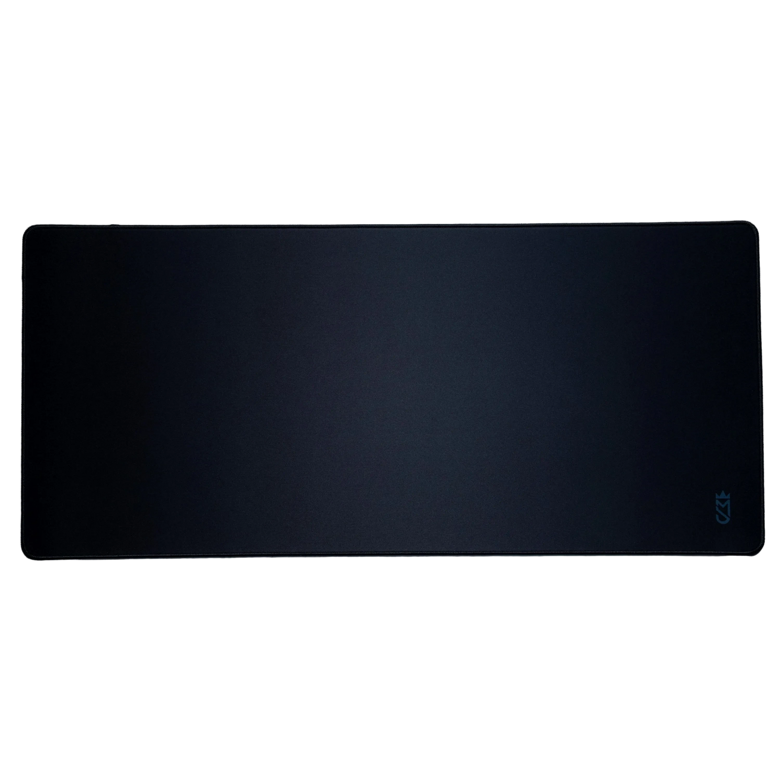 Black desk mat with a brand logo on a white background