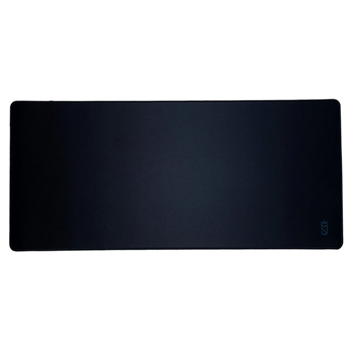 Black desk mat with a brand logo on a white background