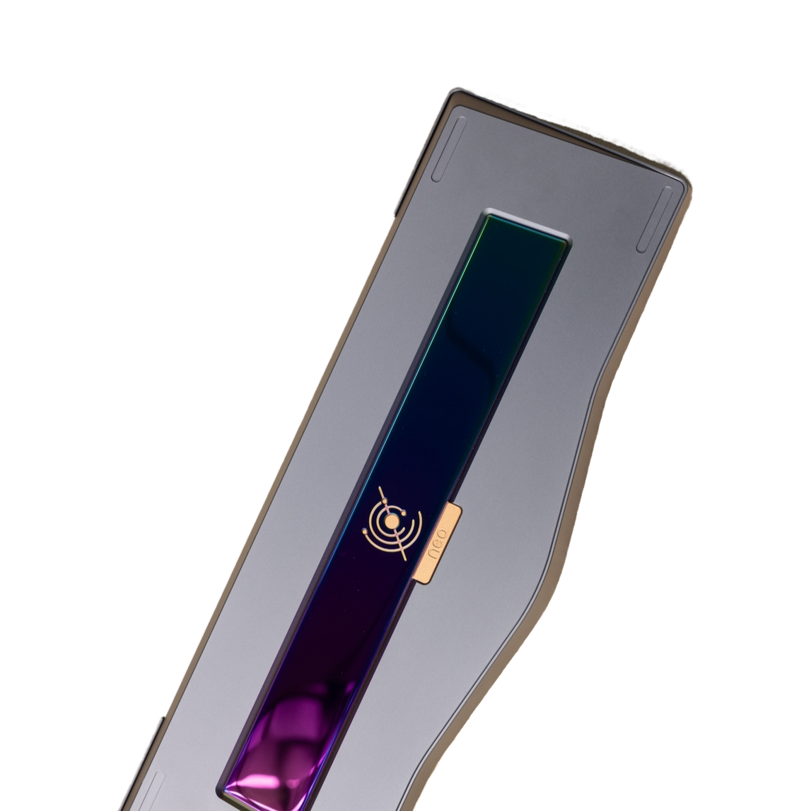 An ergonomic alice-style mechanical keyboard with a purple and silver color scheme, featuring a gasket mount and wireless features.